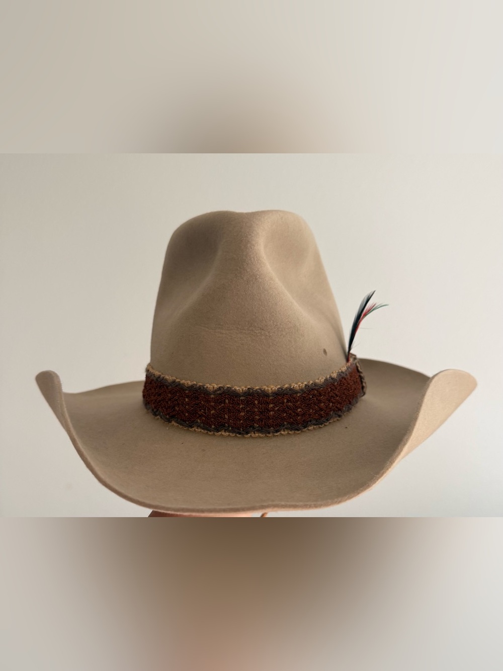 Stetson Beige Wool Felt Fedora with Brown Woven Band and Feather Trim